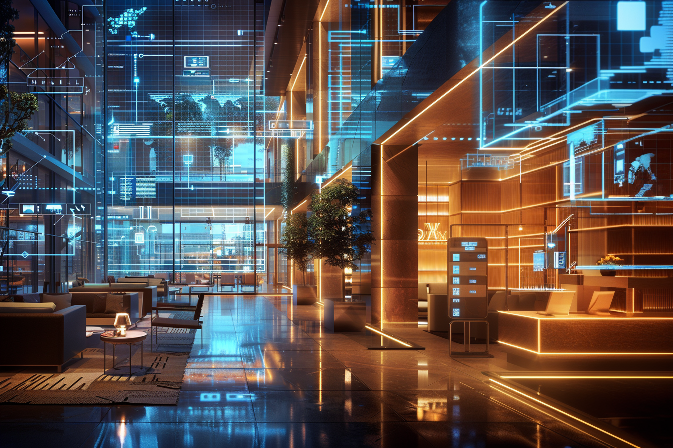 An engaging, high-resolution image depicting a modern hotel lobby with digital interfaces seamlessly integrated into the environment